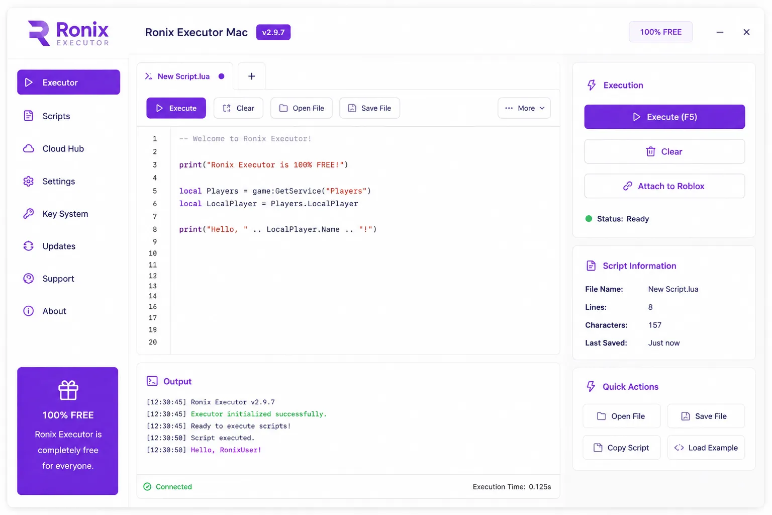 Ronix Executor Mac — script execution interface with Cloud Hub integration and execution status