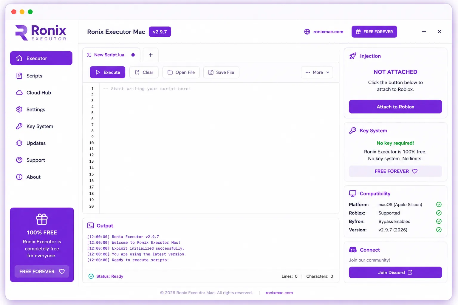 Ronix Executor Mac v2.9.7 interface — Lua script editor with execution output and Roblox connection